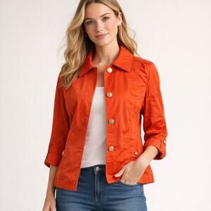 Charter Club Orange Utility Jacket Large Gold Button 3/4 Sleeve Cotton